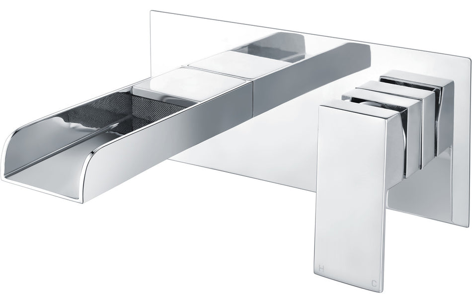 Chrome wall-mounted basin mixer with rectangular spout and cross handles