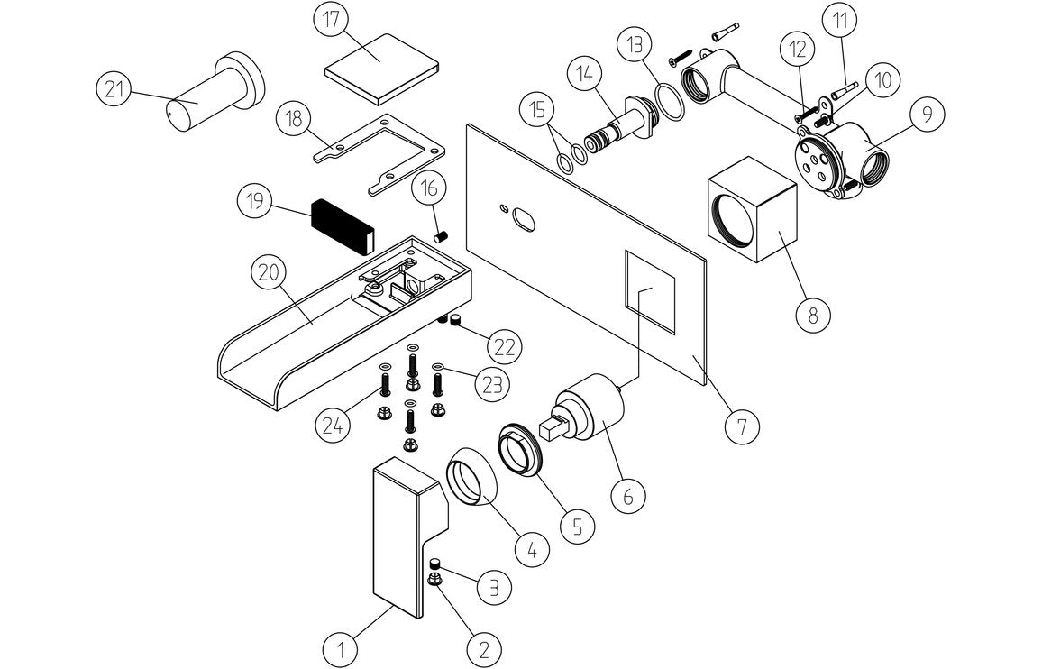 Exploded view of chrome wall-mounted basin mixer parts and fittings diagram