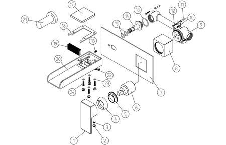 Exploded view of chrome wall-mounted basin mixer parts and fittings diagram