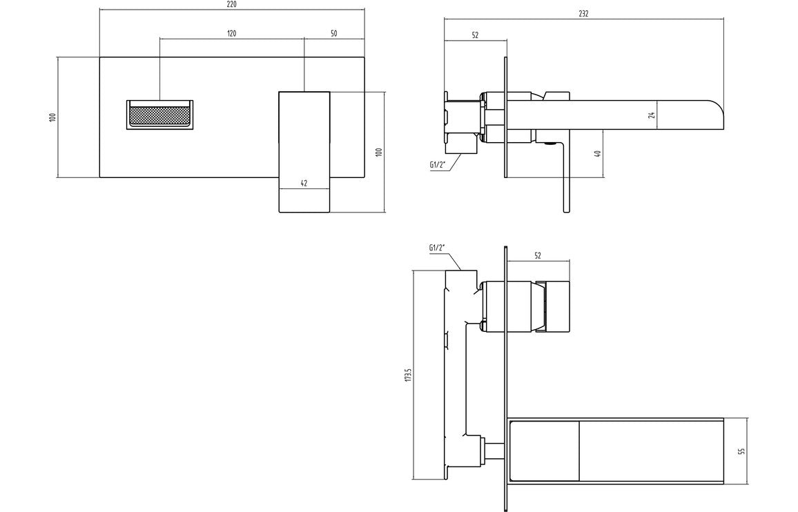 Technical line drawing of chrome wall-mounted basin mixer with dimensions