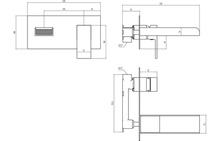 Technical line drawing of chrome wall-mounted basin mixer with dimensions