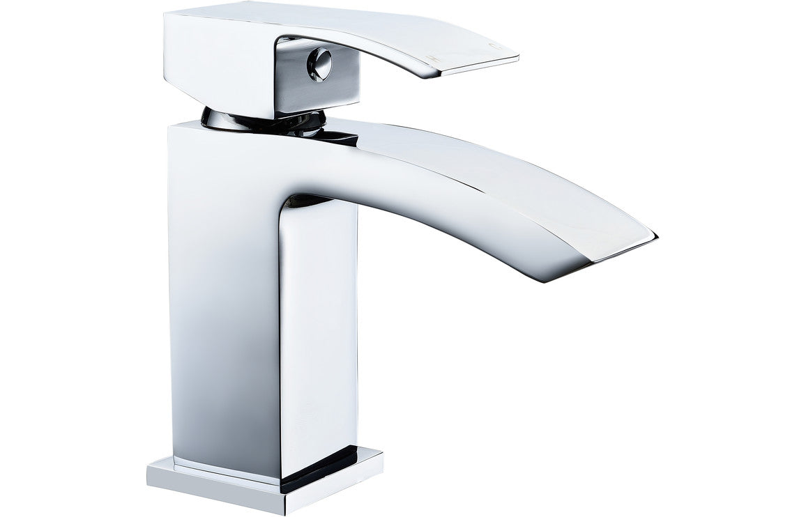 Chrome basin mixer faucet with tall rectangular spout and single lever