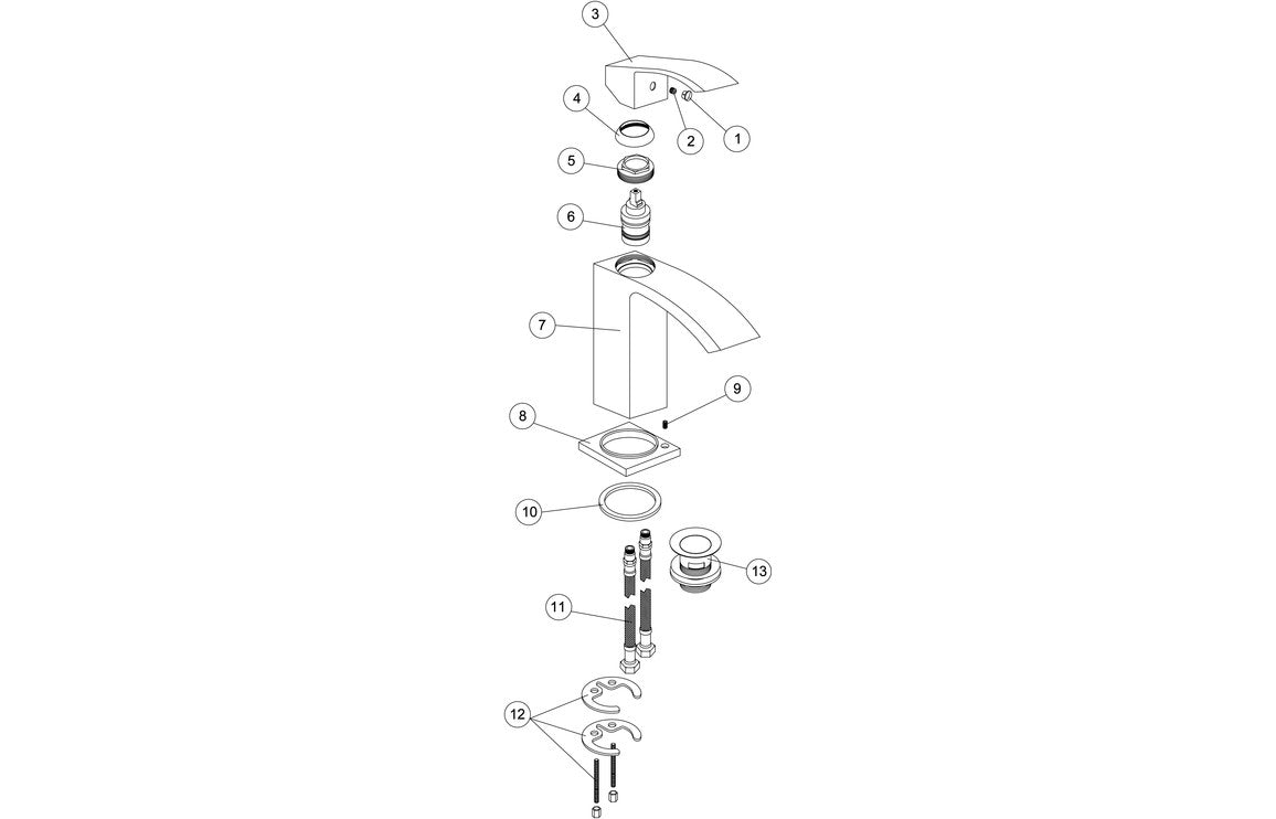 Chrome basin mixer exploded view with numbered parts and cartridge assembly