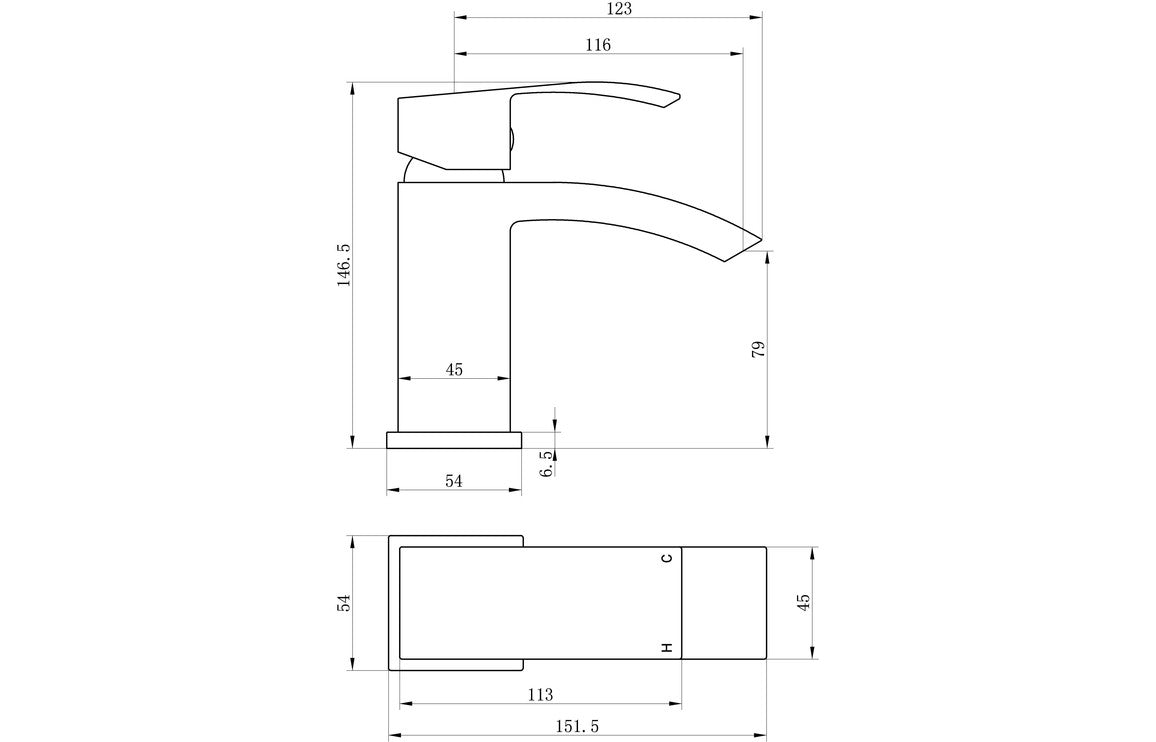 Chrome basin mixer faucet size diagram with height and width measurements