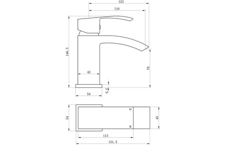 Chrome basin mixer faucet size diagram with height and width measurements