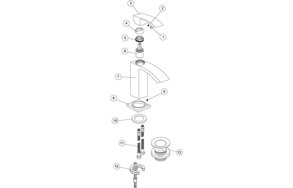 Basin mixer tap exploded view showing numbered components and parts