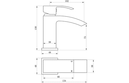 Chrome basin mixer tap technical drawing with overall dimensions