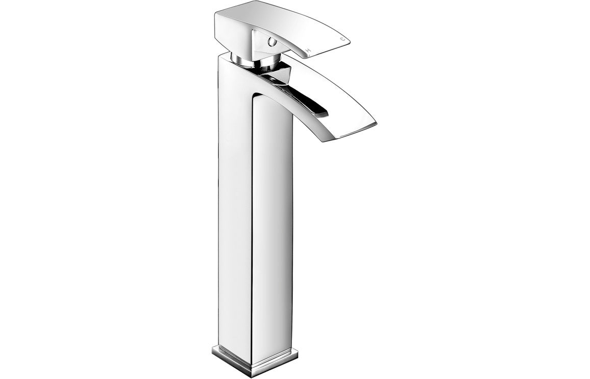 Tall chrome basin mixer tap with single lever and high-arc spout