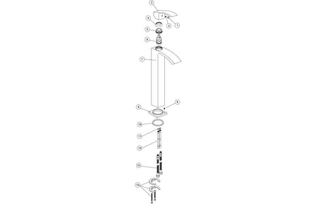 Tall basin mixer tap exploded view with internal parts and hoses