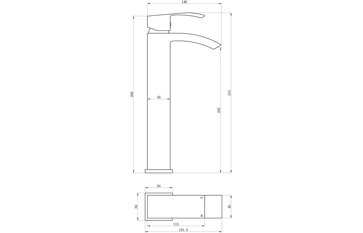 Tall basin mixer tap technical line drawing with measurements