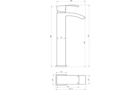 Tall basin mixer tap technical line drawing with measurements