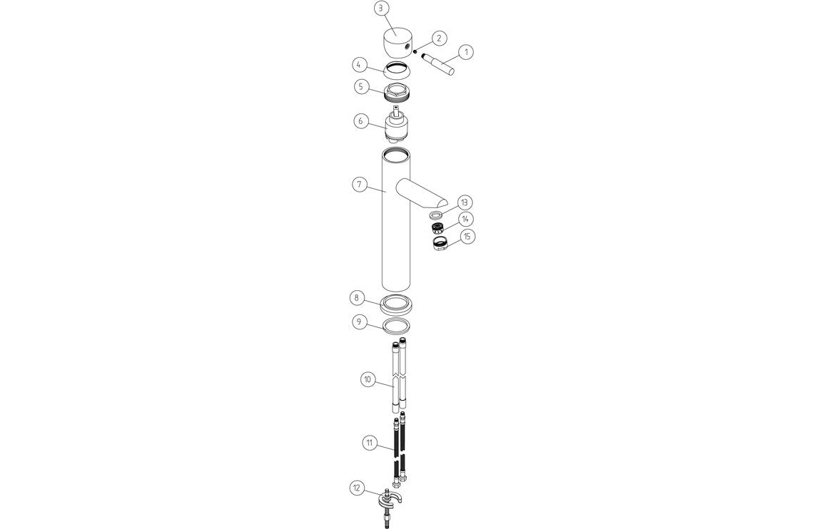 Chrome tall basin mixer exploded parts diagram with handle, cartridge, and hoses