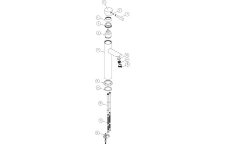 Chrome tall basin mixer exploded parts diagram with handle, cartridge, and hoses