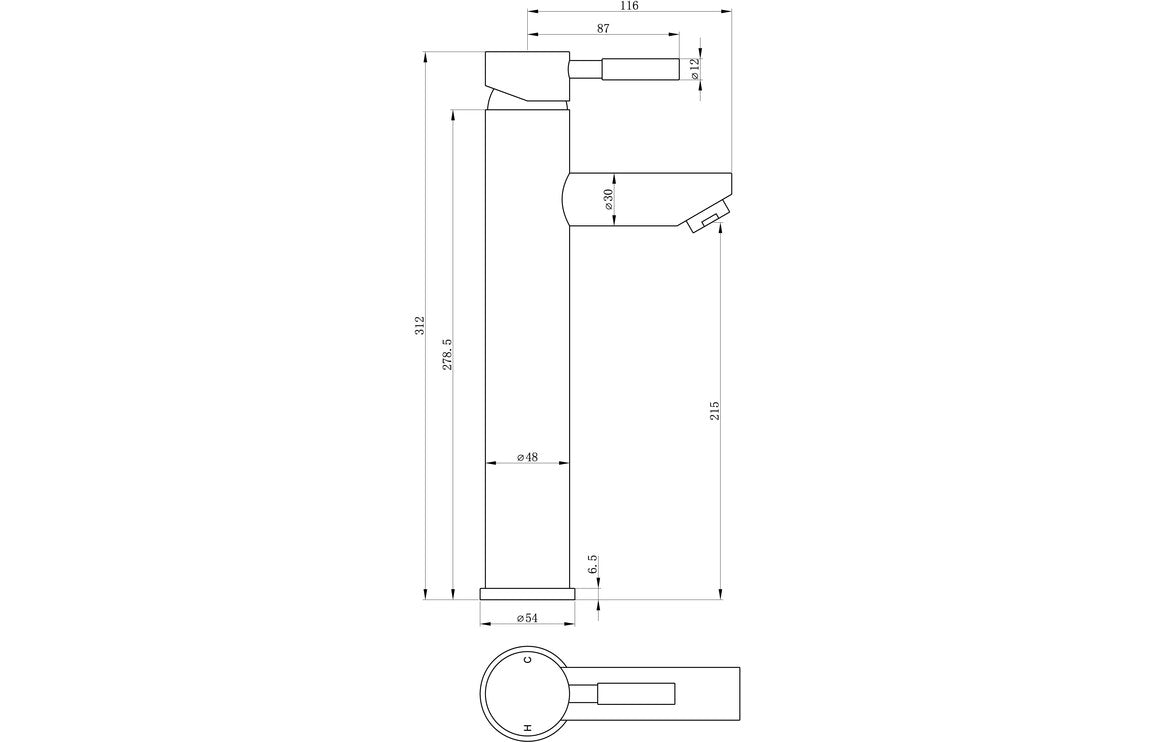 Chrome tall basin mixer technical line drawing with measurements