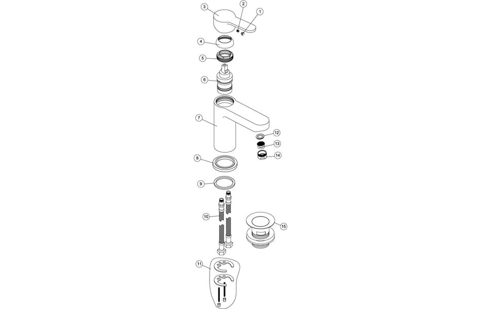 Exploded view of basin mixer tap and waste parts