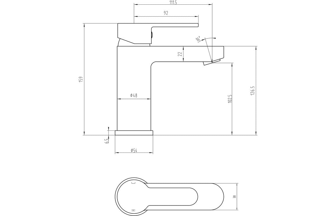 Basin mixer tap dimension diagram with spout profile