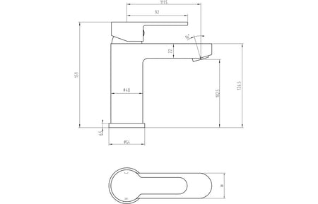 Basin mixer tap dimension diagram with spout profile