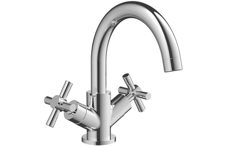 Chrome basin mixer tap with tall curved spout and cross handles