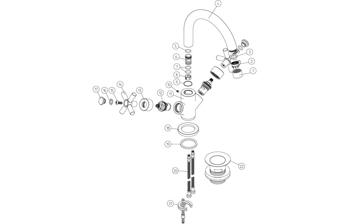 Chrome basin mixer exploded parts diagram with spout, handles, and valves