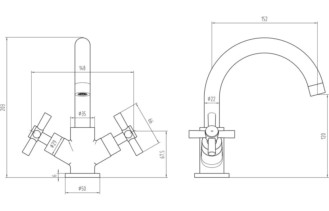 Chrome basin mixer technical drawing showing spout, handles, and measurements