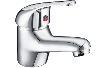 Chrome basin mixer tap with single lever and curved spout, polished metal finish
