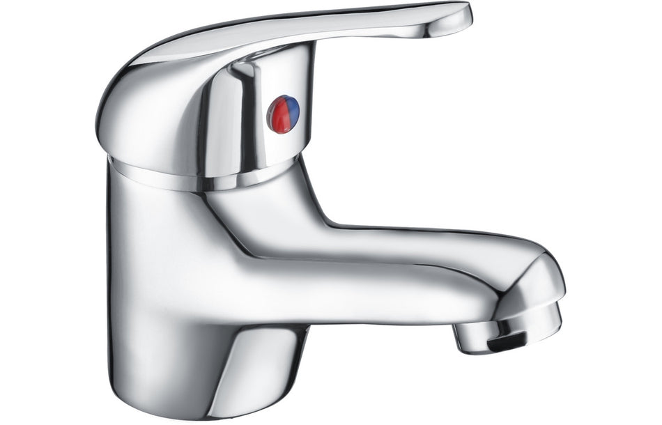 Chrome basin mixer tap with single lever and curved spout, polished metal finish