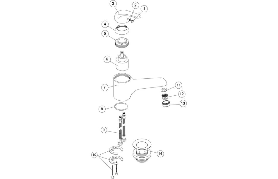 Basin mixer tap exploded view with labeled parts and mounting components, chrome finish