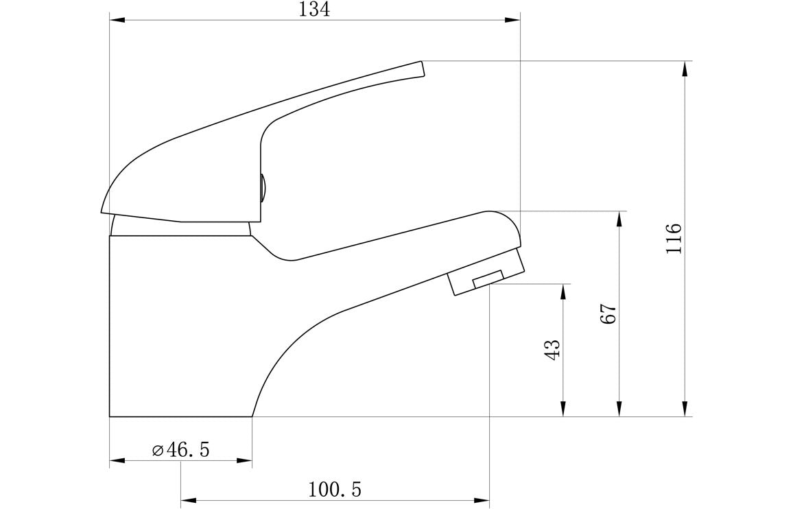 Chrome basin mixer tap technical line drawing with dimensions for spout and handle