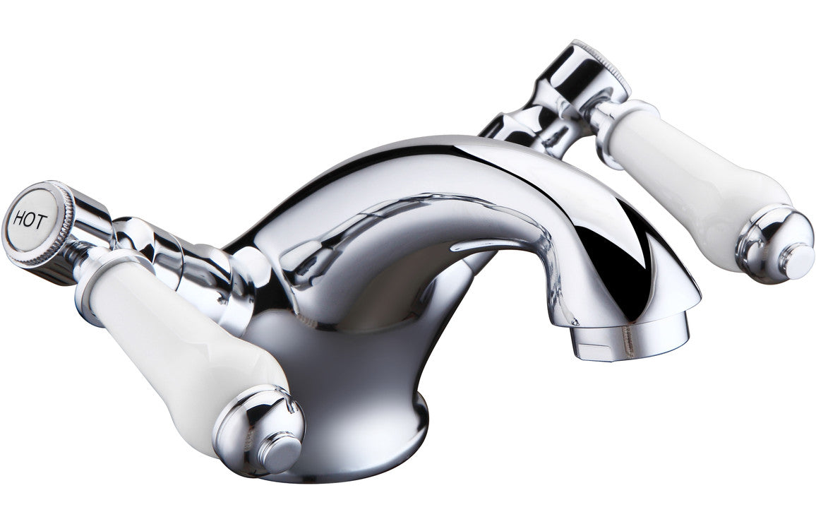 Chrome basin mixer tap with dual handles and curved spout