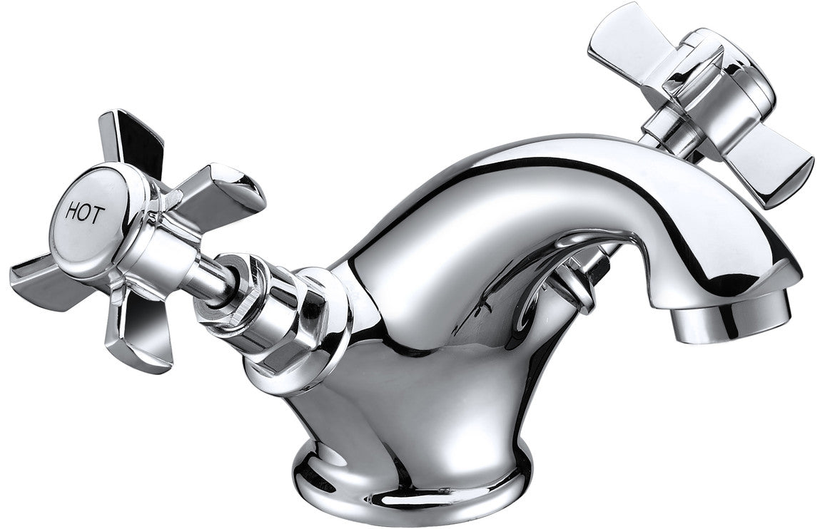 Chrome deck-mount basin mixer tap with curved spout and cross handles