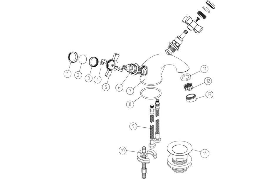 Chrome basin mixer tap exploded parts diagram showing handle, valves, and base