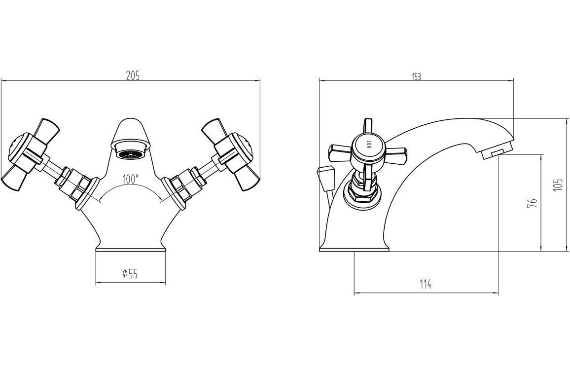 Chrome basin mixer tap technical drawing with measurements for deck mount
