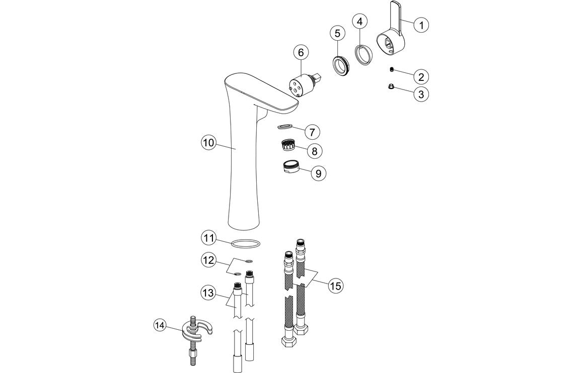 Tall basin mixer tap exploded parts diagram in chrome finish