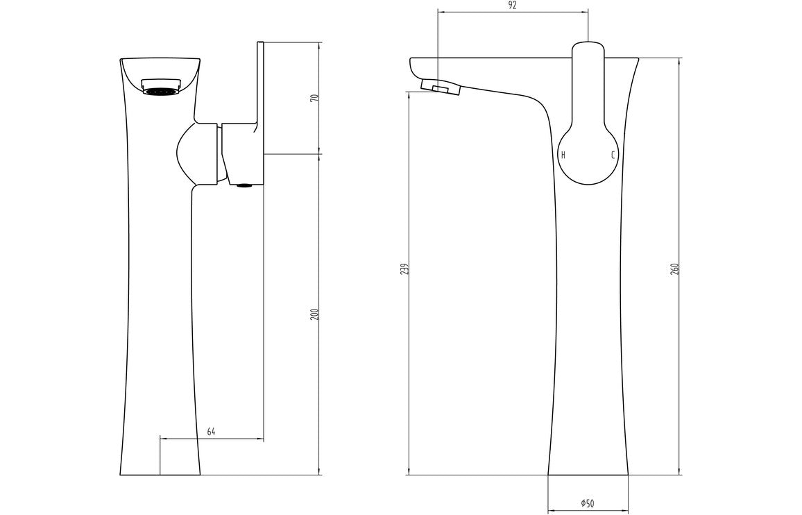Chrome tall basin mixer tap technical drawing with dimensions