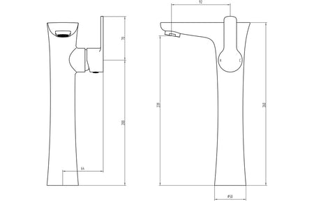 Chrome tall basin mixer tap technical drawing with dimensions