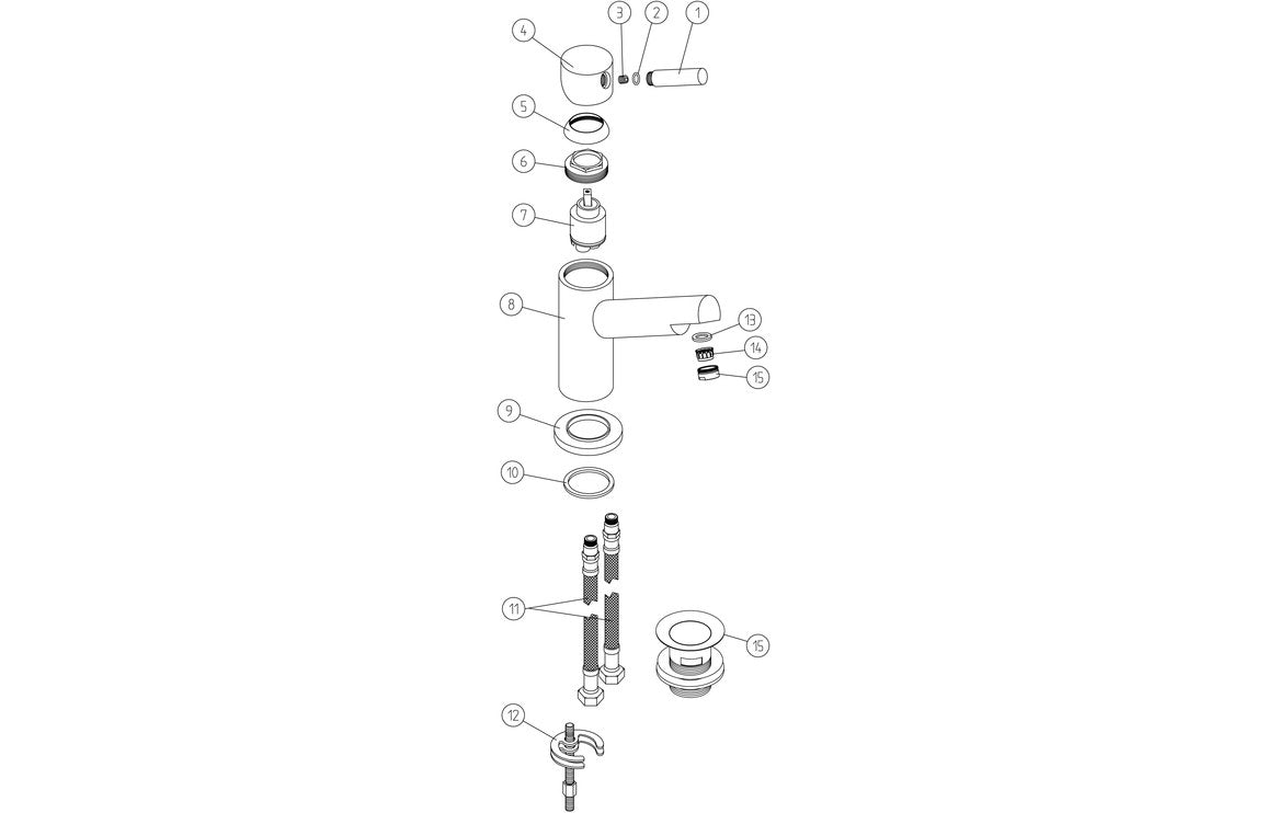 Exploded view of chrome basin mixer and waste components