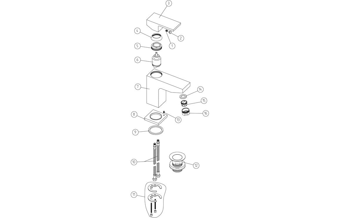 Exploded parts diagram of chrome basin mixer tap components