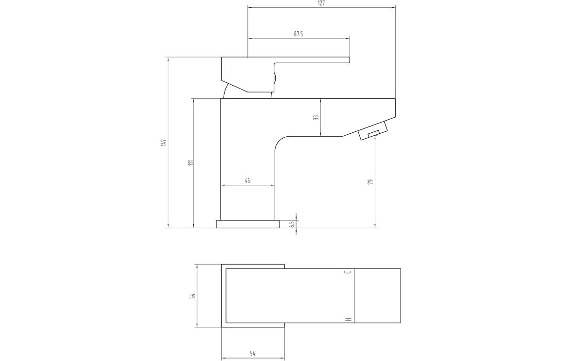 Chrome basin mixer tap technical line drawing with labeled dimensions