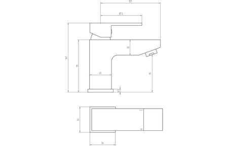 Chrome basin mixer tap technical line drawing with labeled dimensions