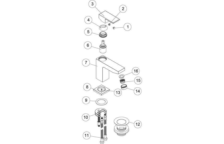 Chrome basin mixer tap exploded parts diagram including waste components
