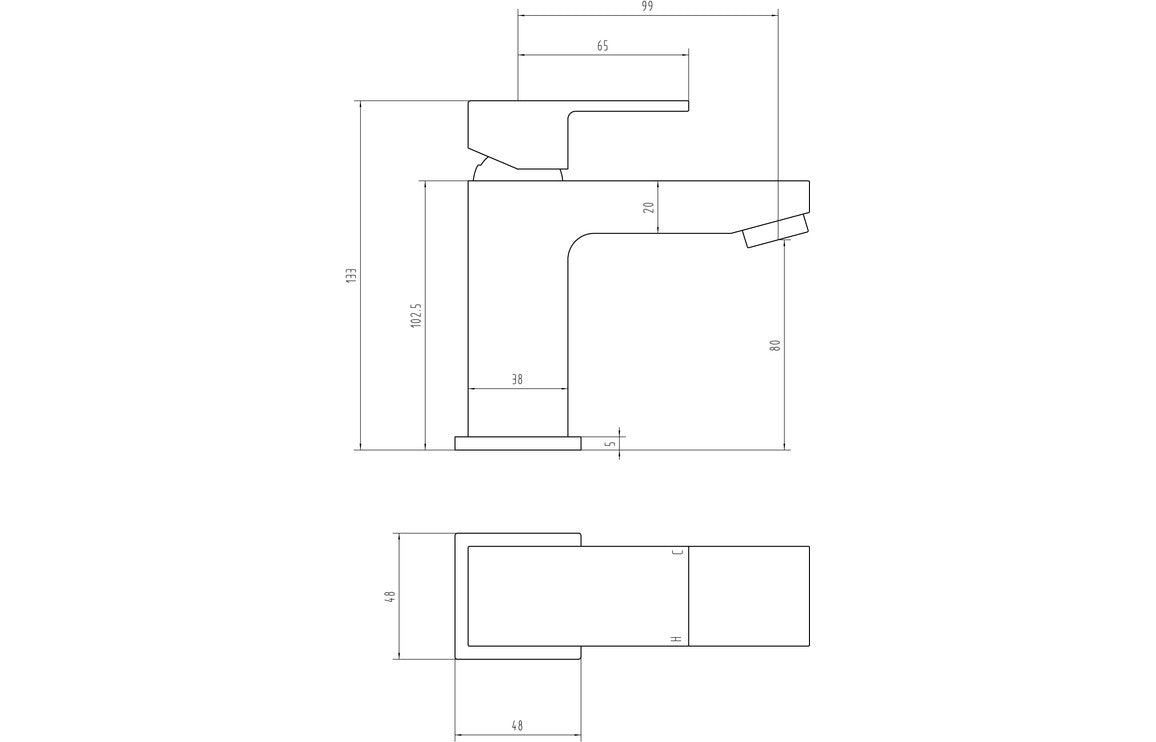 Chrome basin mixer tap technical drawing with side and top dimensions