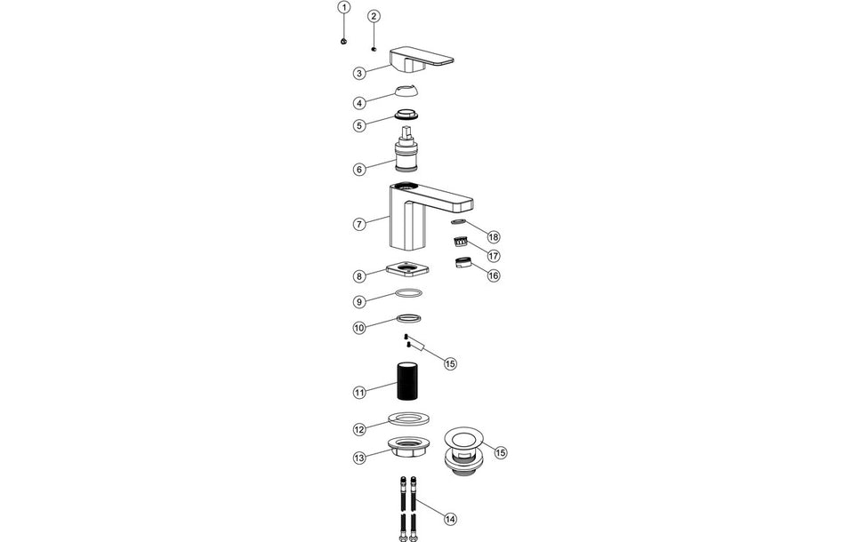 Chrome basin mixer waste exploded parts diagram with handle, cartridge, and fittings