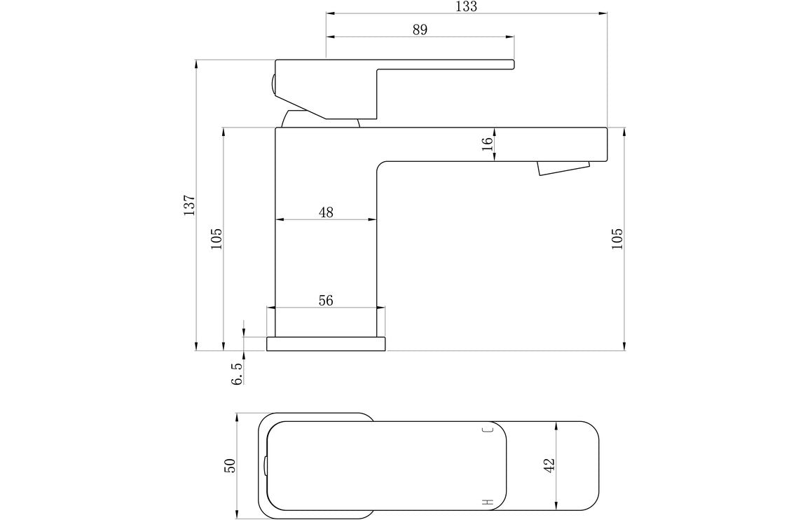 Chrome basin mixer dimensions technical drawing with measurement lines