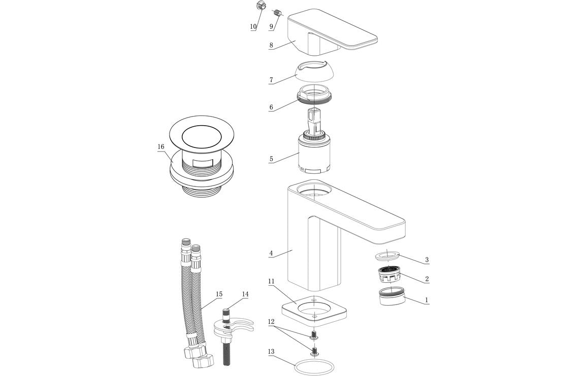 Chrome basin mixer tap with waste components in exploded parts diagram