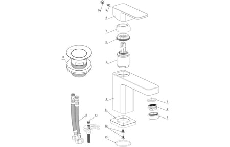 Chrome basin mixer tap with waste components in exploded parts diagram