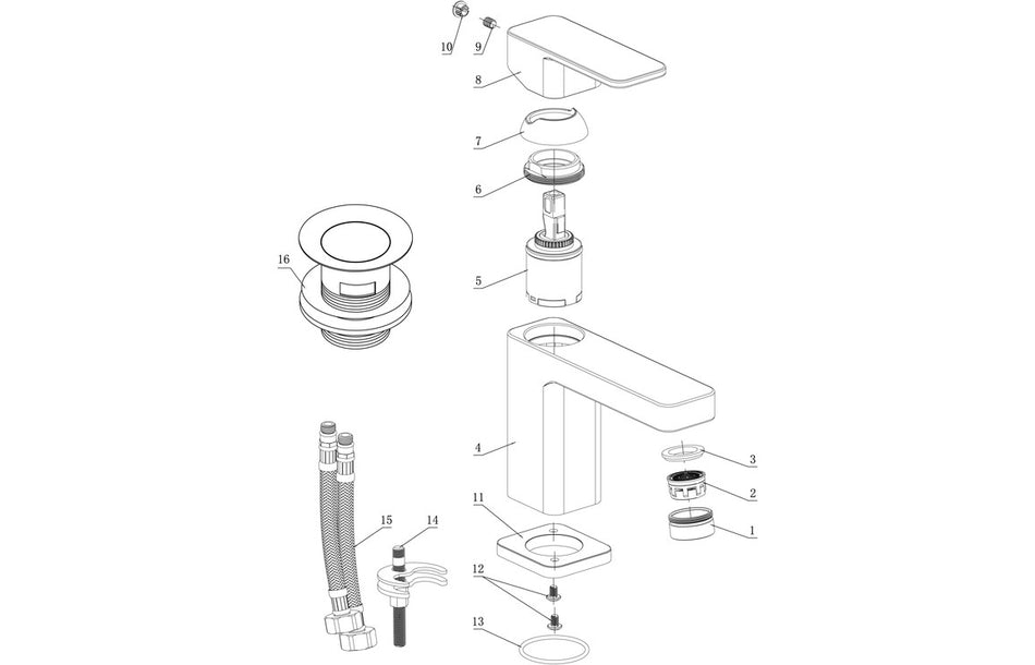 Chrome basin mixer tap with waste components in exploded parts diagram