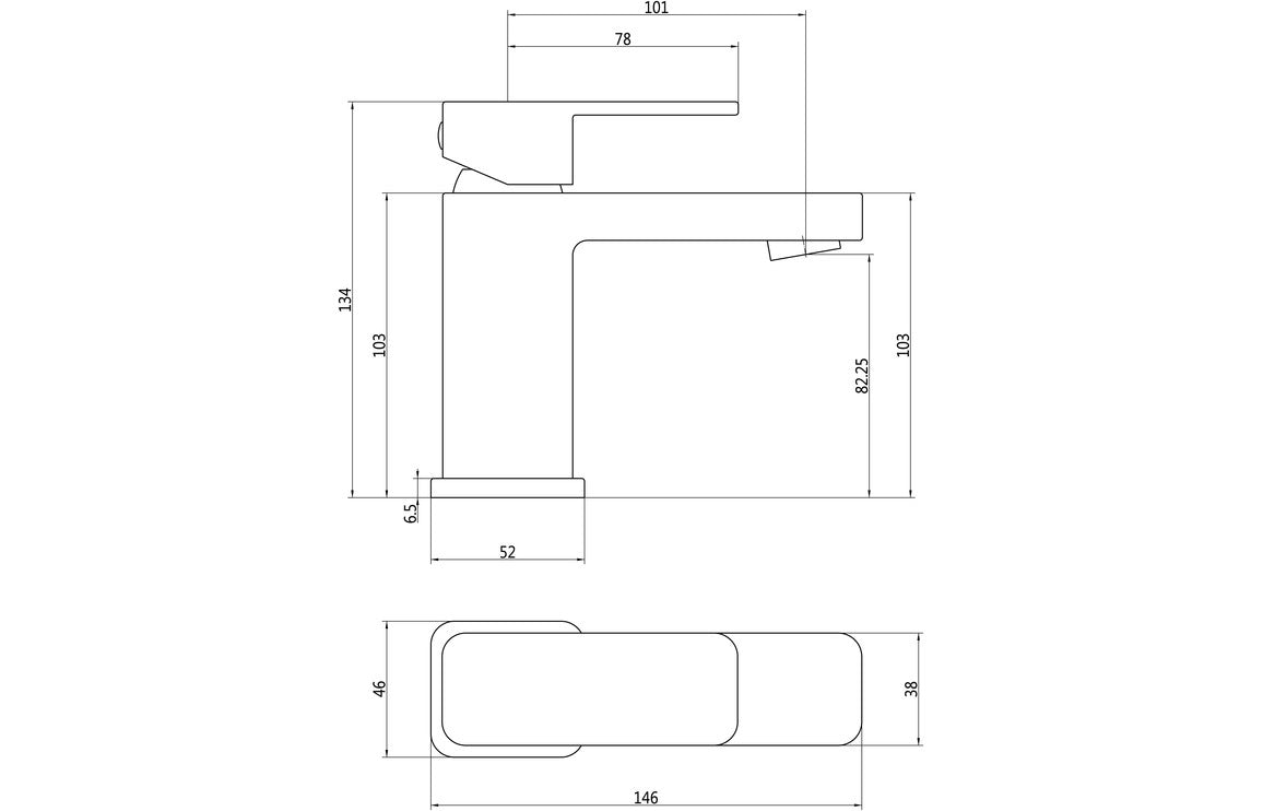 Chrome basin mixer tap technical line drawing with dimensions