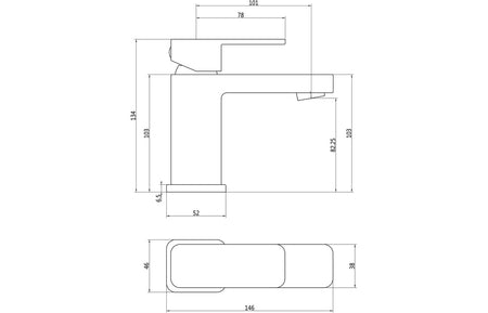 Chrome basin mixer tap technical line drawing with dimensions