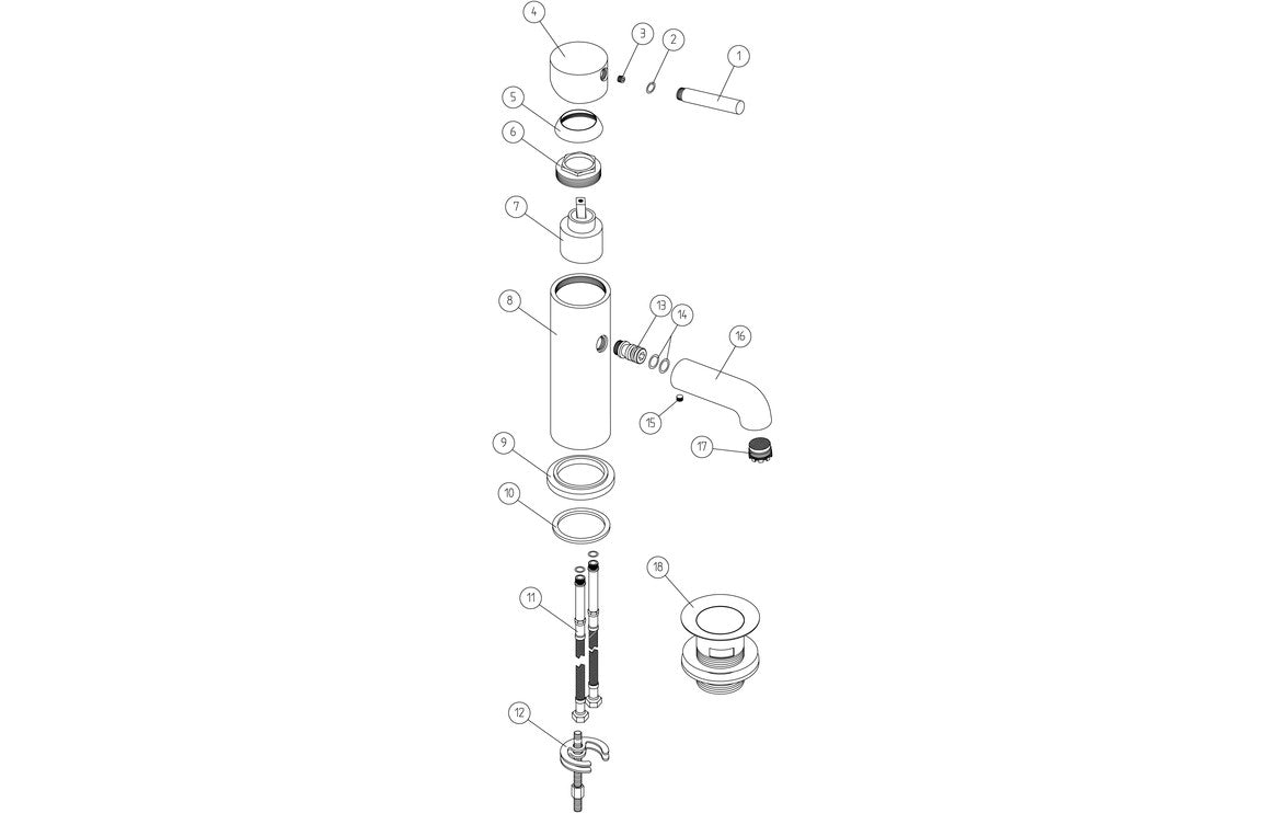 Brushed bronze basin mixer parts diagram, including pop-up waste components