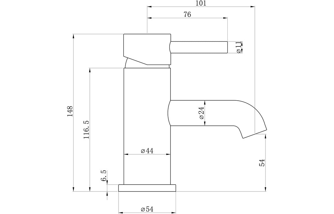 Pescera chrome basin mixer and waste dimensioned technical drawing